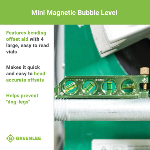 Mini Magnetic Bubble Level with Conduit Bending Offset Aid showing four large vials on a pipe with strong magnets visible.