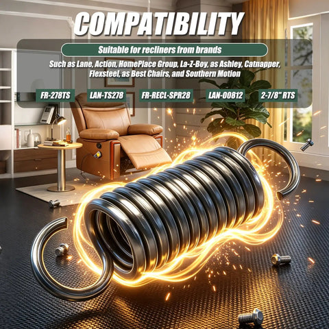 Sturdy Two Pack Recliner Tension Springs Precisely 2 7/8 Inches Long With 18 Tight Coil Windings on a decorative floor mat.