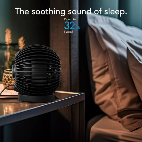Sphere Personal Adjustable Desk Fan With Quiet Operation and Targeted Cooling Airflow on nightstand next to bed