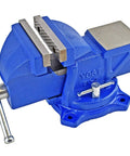 Heavy Duty 6 Inch Bench Vise With Cast Iron Jaw, Powder Coated Blue Finish, Secure Grip Vise With 120 Degree Swivel Base