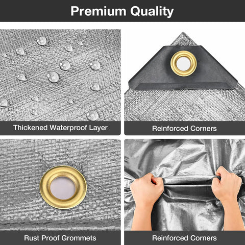 Heavy Duty Waterproof Tarp 10 By 10 Feet 16 Mil Multipurpose Shelter Cover showing waterproof layer, grommet, reinforced corner.