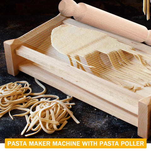 Chitarra Cutter Pasta Maker With Rolling Pin, guitar board for spaghetti, wood finish and stainless steel strings cutting pasta.