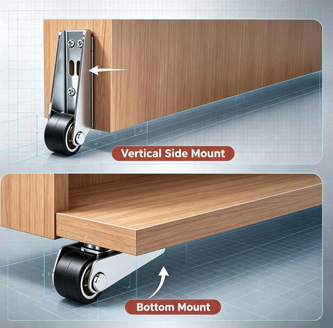 Bulletproof Heavy Duty Vertical Track Roller Wheel Zero Wiggle Anti Shake Door Guidance System For Smooth Gliding Barn Doors Cabinet Runners Wood Furniture Panels Two Pack showing vertical and bottom mount options.