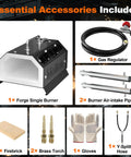 Components of Dual Burner Propane Forge Kit 2600F For Blacksmithing And Knife Making, including forge, regulator, pipes, and fire brick