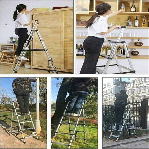 Heavy Duty 5 And 6 Step A Frame Telescoping Ladder, 5.34 Ft Reach, Foldable And Lightweight, 330 Lb Capacity, Wide 74 Mm Pedals With Rubber Feet, Easy To Store, Home Shop Pro Grade used indoors and outdoors