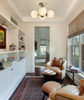 Antique Brass 4 Light Ceiling Light With Frosted Glass Globes in cozy living room, vintage style semi flush mount fixture