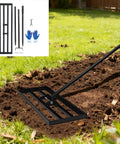 Rugged 30 Inch By 10 Inch Lawn Leveling Rake with adjustable handle and steel blade, leveling soil in garden, pro-grade tool.