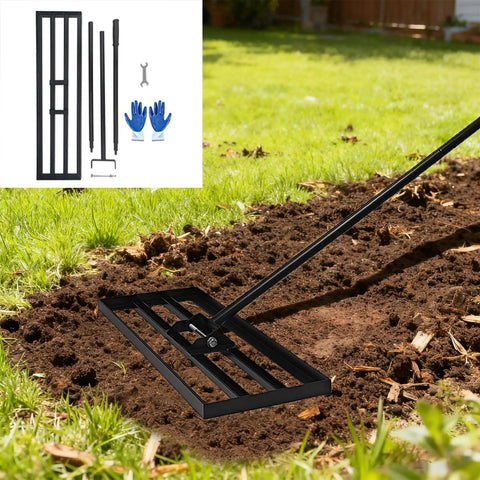 Rugged 30 Inch By 10 Inch Lawn Leveling Rake with adjustable handle and steel blade, leveling soil in garden, pro-grade tool.