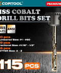 Badass M35 Cobalt HSS Twist Drill Bit Set, 115Pc 1/16 To 1/2 Inch Jobber Length with various sizes displayed.