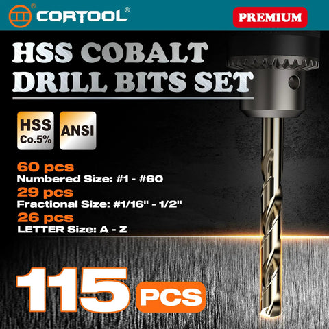 Badass M35 Cobalt HSS Twist Drill Bit Set, 115Pc 1/16 To 1/2 Inch Jobber Length with various sizes displayed.
