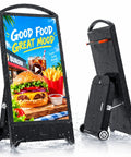 32 Inch Hella Bright Portable Outdoor Digital Signage Featuring 2000 Nits IP65 Waterproof Rugged LCD Display With 1200Wh Extended Run Time Battery showcasing a hamburger and fries, waterproof.