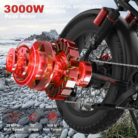 Premium Adult Electric Bike With A Badass 3000W Peak Brushless Hub Motor showing powerful brushless motor detail and tire.
