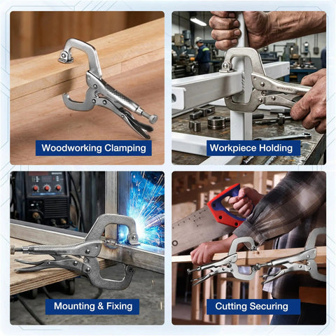 Image showing a 6 Inch Locking C Clamp With Swivel Pads Heavy Duty Adjustable Vise Grip Pliers Welding Clamp in use for various tasks