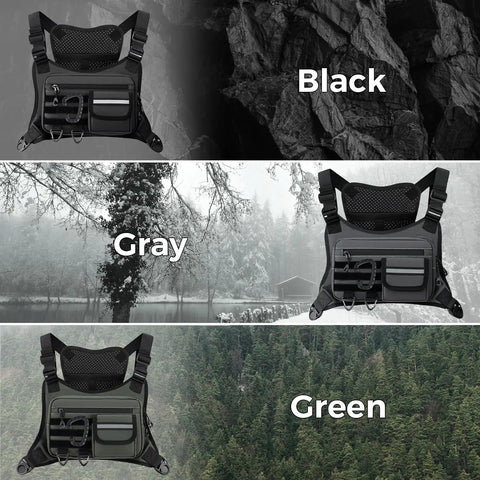 Outdoor Chest Bag For Men With Built In Phone Holder, Lightweight EDC Chest Pack shown in black, gray, and green.