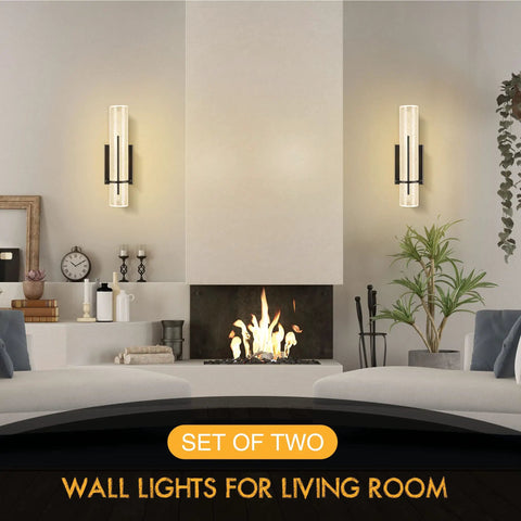 Dope Modern Black LED Wall Sconce Set of Two for Living Room and Hallway with Crystal Glass No Bulbs Needed displayed beside fireplace