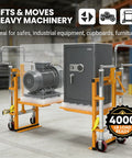 1800 Kg Hydraulic Machinery Mover And Furniture Dolly For No Sweat Heavy Duty Equipment Transport With Adjustable Forks And Foam Pads, 2 Piece Cabinet Mover For Safes And Cupboards, Smooth Warehouse Moving. Two-unit mover with safe and motor in warehouse