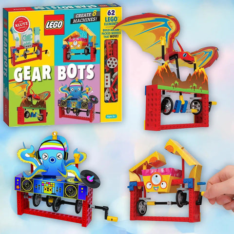 Klutz Lego Gear Bots Science Building Kit With Invisible Ink Activity Book, showing 62 elements for 8 moving machines.