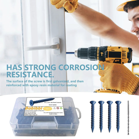 Workhorse Heavy Duty Concrete Screw Anchors 3/16 Inch By 1 3/4 Flat Head shown with drill and blue screws in a toolkit.