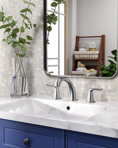 Brushed Nickel Widespread Bathroom Faucet With Two Handles, 3 Hole Installation, Adjustable 4 To 16 Inch Spread, in modern bathroom setting