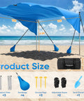 Beach Shade Canopy 100 Sq Ft Wind Powered Sunshade Sail For 4 To 6 People, featuring blue canopy on sandy beach with kit shown