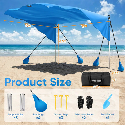 Beach Shade Canopy 100 Sq Ft Wind Powered Sunshade Sail For 4 To 6 People, featuring blue canopy on sandy beach with kit shown