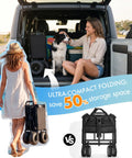 All-Terrain Beach Wagon with 9-Inch Inflatable Balloon Wheels, 330 Lb Capacity folded in car trunk with a woman and dog