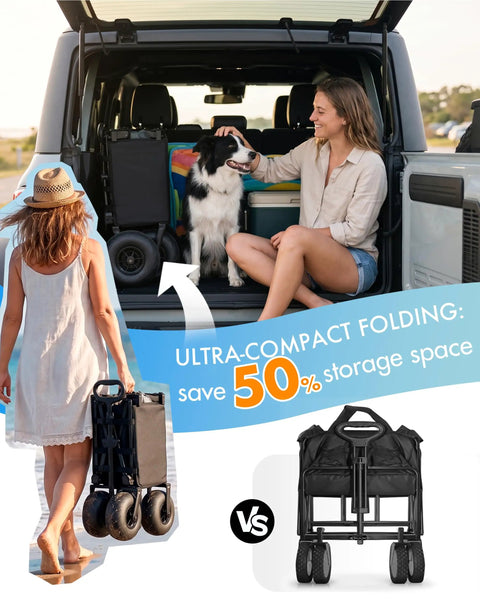 All-Terrain Beach Wagon with 9-Inch Inflatable Balloon Wheels, 330 Lb Capacity folded in car trunk with a woman and dog