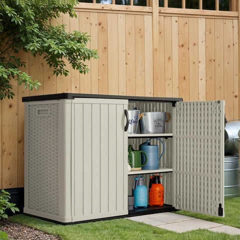 Outdoor Storage Shelf Kit For A 150 Gallon Deck Box With Two Weatherproof Shelves beside wooden fence in garden
