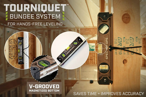 Magnetic Box Beam Level For Framing And Layout 10 Inch Torpedo With Tourniquet Bungee System showing hands-free leveling on 2x4s.