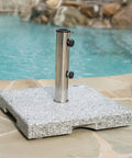 Mojave Outdoor Granite And Stainless Steel Umbrella Base, natural grey, heavy-duty 60-pound square stand by poolside