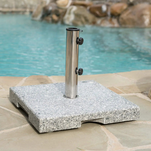Mojave Outdoor Granite And Stainless Steel Umbrella Base, natural grey, heavy-duty 60-pound square stand by poolside