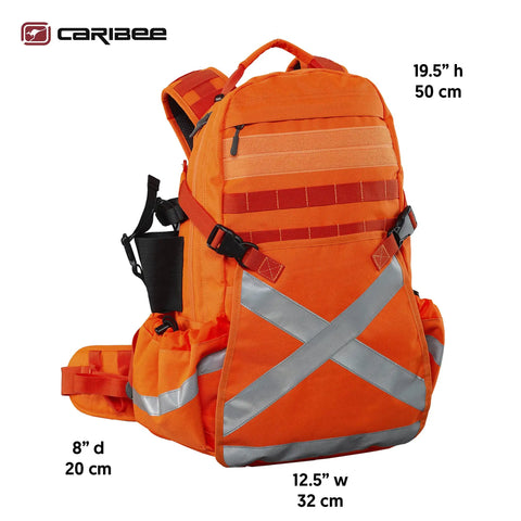 Hi Vis Orange Safety Backpack With Reflective Panels, Adjustable Hard Hat Holder, Bottle Holders, And Hydration Reservoir Compartment