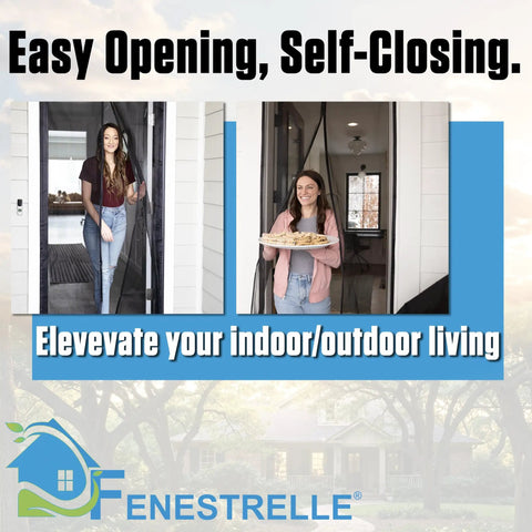 Woman walking through Heavy Duty Magnetic Screen Door With Hands Free Self Closing Seal, Fiberglass Mesh, Black Trim, Fits 37x80 Inches Doors