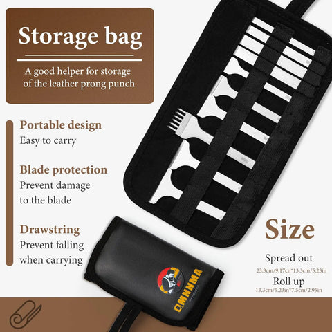 Leather Stitching Punch Set 10 Pcs in storage bag with diamond chisel kit for DIY craft, four prong punches, white steel build.