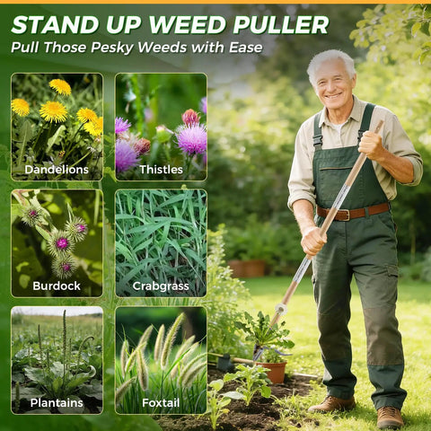 Man using Stand Up Weed Puller Tool with Long Handle for easy root removal of various weeds in garden setting.
