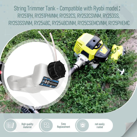 Replacement Gas Trimmer Fuel Tank With Exact Fitment And Wide Compatibility with models RY251PH, RY252CS next to trimmer