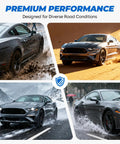 Premium Performance image showing diverse road conditions with a gray sports car in mud, sand, snow, and rain.