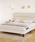 Queen Size Platform Bed Frame With Plush Velvet Headboard And Extra Thick Wooden Slats Delivers Rock Solid Mattress Support For Major Room Refresh Vibes And Hassle Free Setup In Beige, featuring a sleek design and padded headboard.