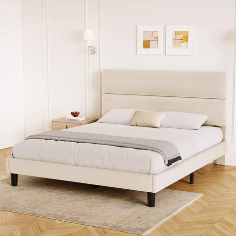 Queen Size Platform Bed Frame With Plush Velvet Headboard And Extra Thick Wooden Slats Delivers Rock Solid Mattress Support For Major Room Refresh Vibes And Hassle Free Setup In Beige, featuring a sleek design and padded headboard.