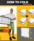 Person holding a foldable box, illustrating steps to collapse it; dimensions are 19x15x2.5 inches, max load 44LB, labeled 'stays locked.'