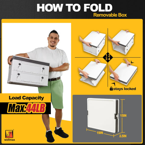 Person holding a foldable box, illustrating steps to collapse it; dimensions are 19x15x2.5 inches, max load 44LB, labeled 'stays locked.'