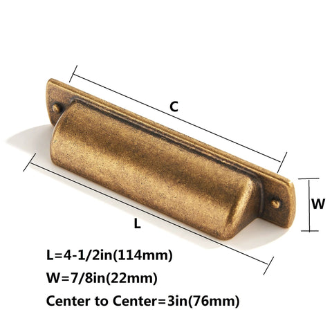 10 Pack Antique Brass Cup Pulls For Kitchen Cabinets And Furniture, 3 Inch Hole Center Drawer Pulls with size dimensions shown