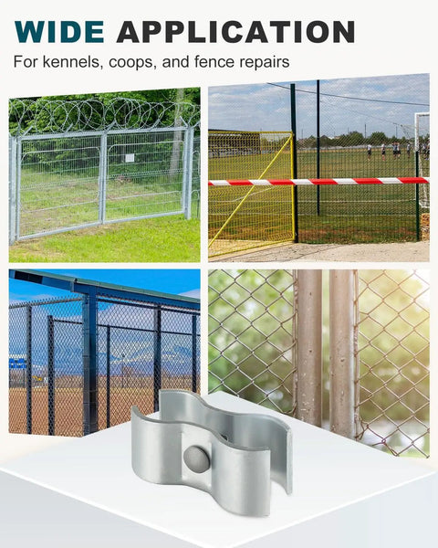Heavy Duty Chain Link Fence Panel Clamps For 1-5/8 Inch OD Round Pipe Galvanized Dog Kennel Hardware To Stop Wobble And Gaps Snug Fit And Lock Tight Connection For Chain Link Fences And Kennels 10 Pack, shown in various applications with fences and kennels.