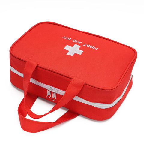 Compact First Aid Kit Bag For Home Travel Camping And Car, Emergency Medical Pouch with dual handles in red.