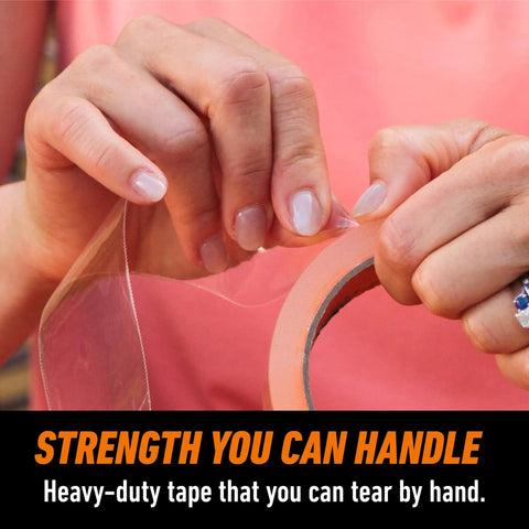 Person tearing Crystal Clear Tape Heavy Duty Weather Resistant Indoor And Outdoor Repairs Pack Of Two With Reinforced Backing