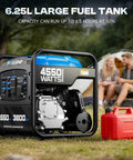 4550 Watt Portable Inverter Generator for home use with gas can, open frame, camping scene