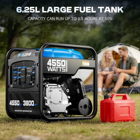 4550 Watt Portable Inverter Generator for home use with gas can, open frame, camping scene