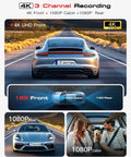 Image showing 4K 3 Channel Dash Cam With Front Rear And In Cabin Coverage capturing car and interior views with STARVIS 2 sensor features.