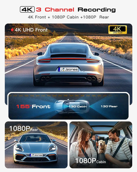 Image showing 4K 3 Channel Dash Cam With Front Rear And In Cabin Coverage capturing car and interior views with STARVIS 2 sensor features.