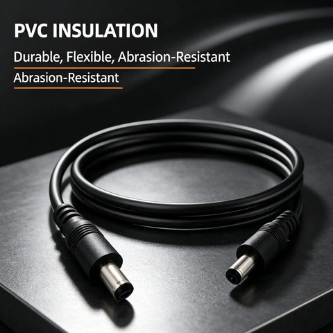 Big Rig 12V Male To Male Power Lead Featuring 5.5X2.1Mm Tips with 18AWG copper wire, showing PVC insulated connectors on black surface.